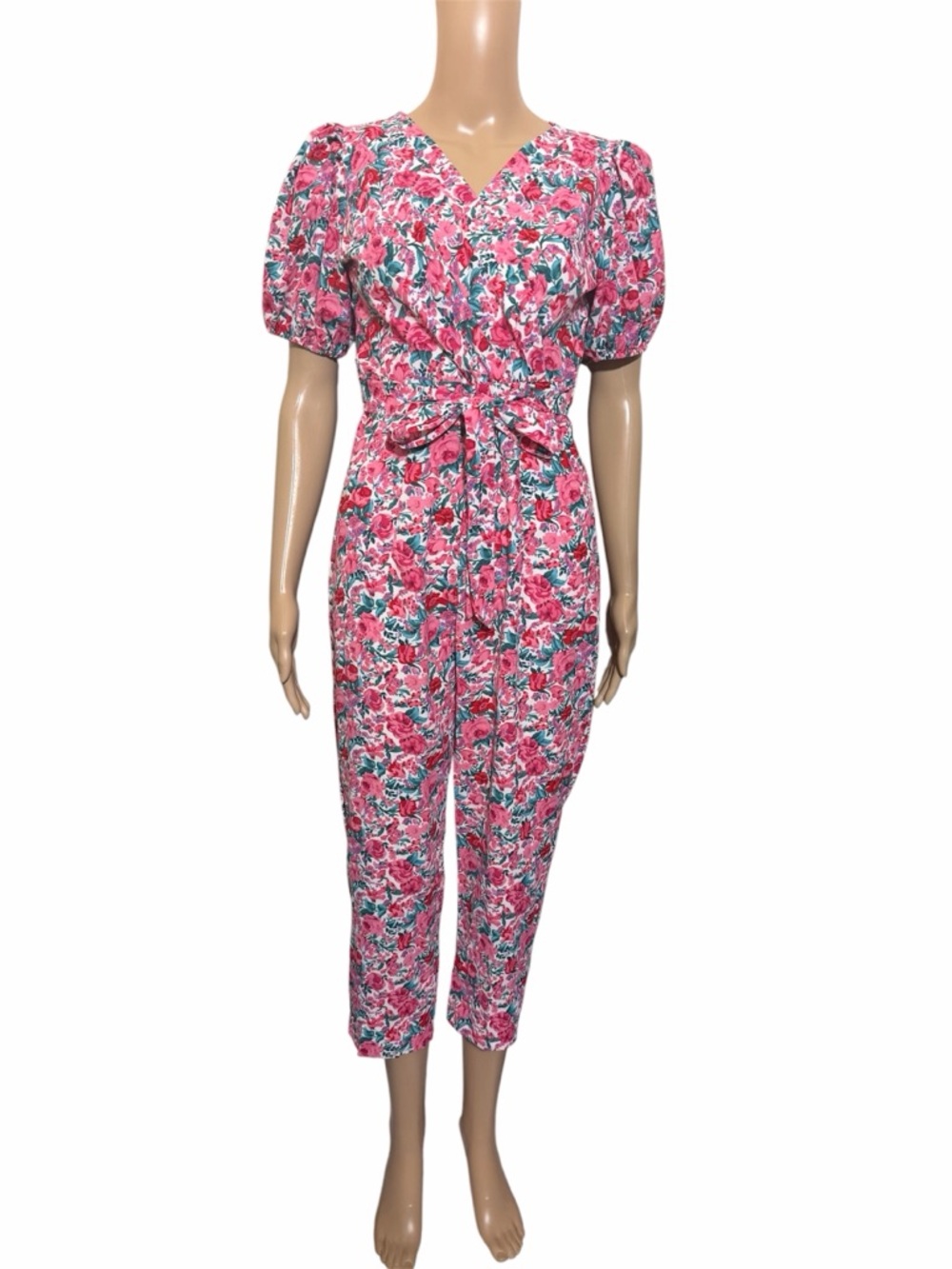 floral jumpsuit pink green roprint tie waist puff sleeved cropped romper